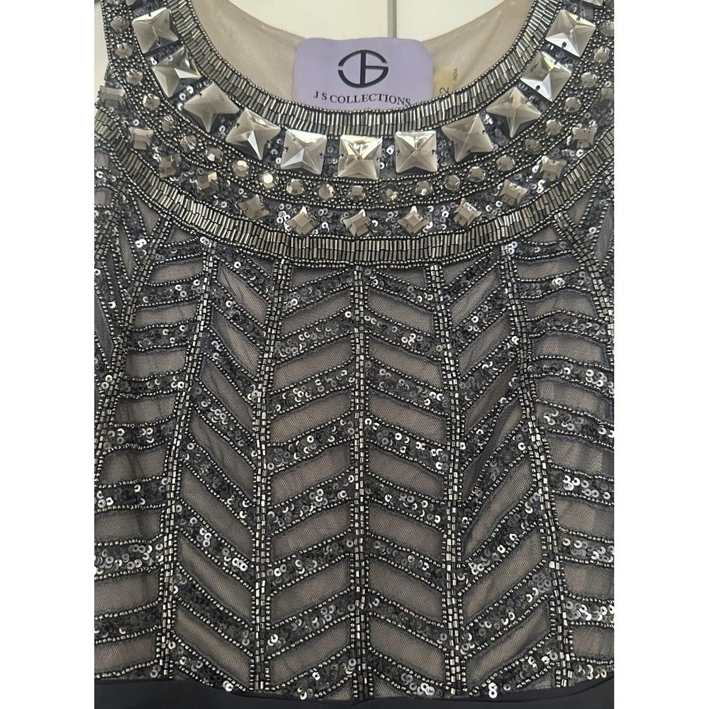 JS Collections Dress Womens 12 Gray Beaded Sequin Chiffon Maxi Evening Gown